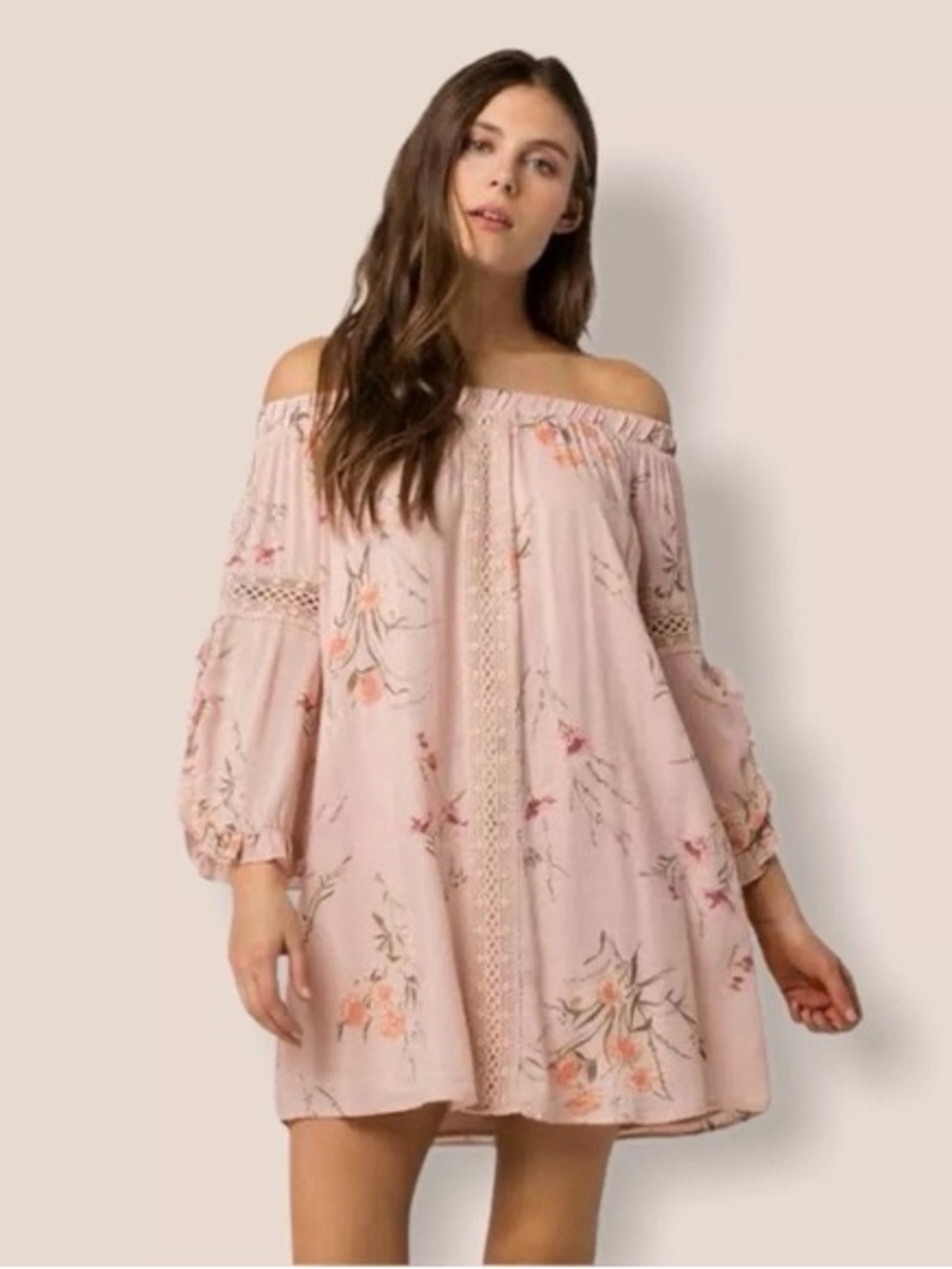 Altar’d State Boho Pink Floral Off Shoulder Mini Dress